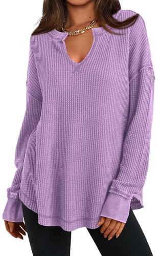 PRETTYGARDEN Long Sleeve V Neck Shirts Womens Tunic Tops for Women Loose Fit Dressy Casual V Neck Exposed Seam Tunics (Purple, X-Large) | Amazon (US)