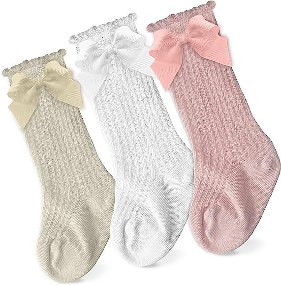 CozyWay Baby Girls Knee High Socks Newborn Little Kids Bow Long Stockings Infants Toddlers Ruffle... | Amazon (US)