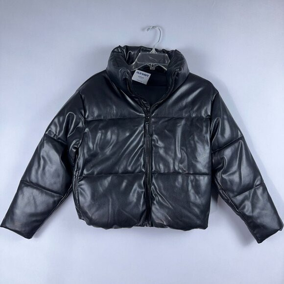 Old Navy Puffer Jacket Womens Size XS Petite Faux Leather Mock Neck Black | Poshmark