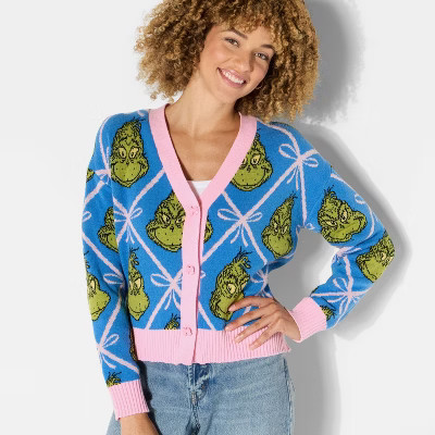 Women's Grinch Festive Graphic Cardigan - Blue XXS | Target