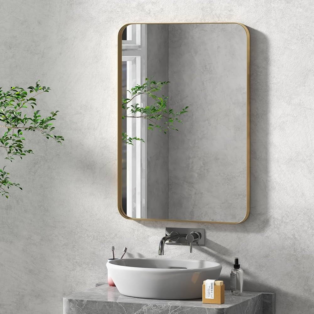 Tangkula Metal Framed Bathroom Mirror for Wall, 20 x 32 Inch Rounded Rectangle Mirror, Matte Glod... | Amazon (US)