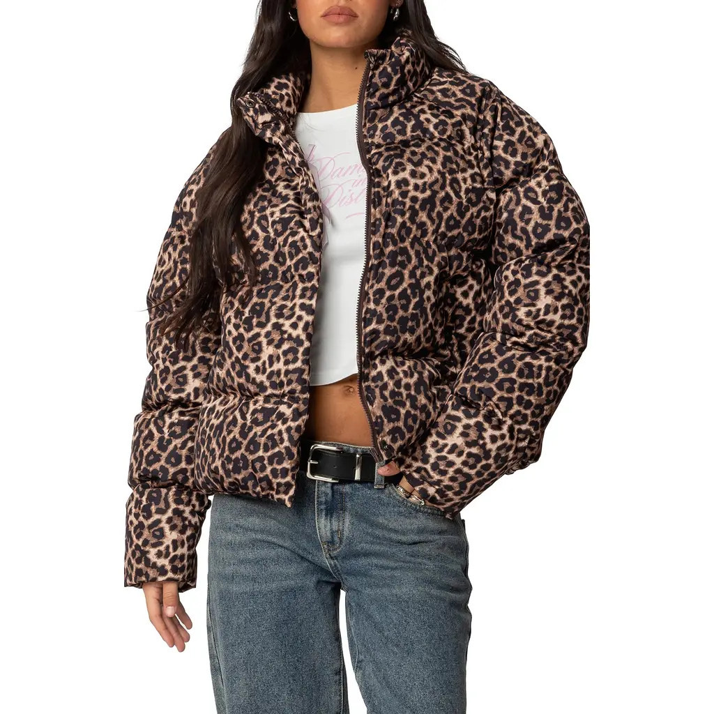 EDIKTED Dalya Leopard Print Puffer Jacket at Nordstrom, Size Large | Nordstrom
