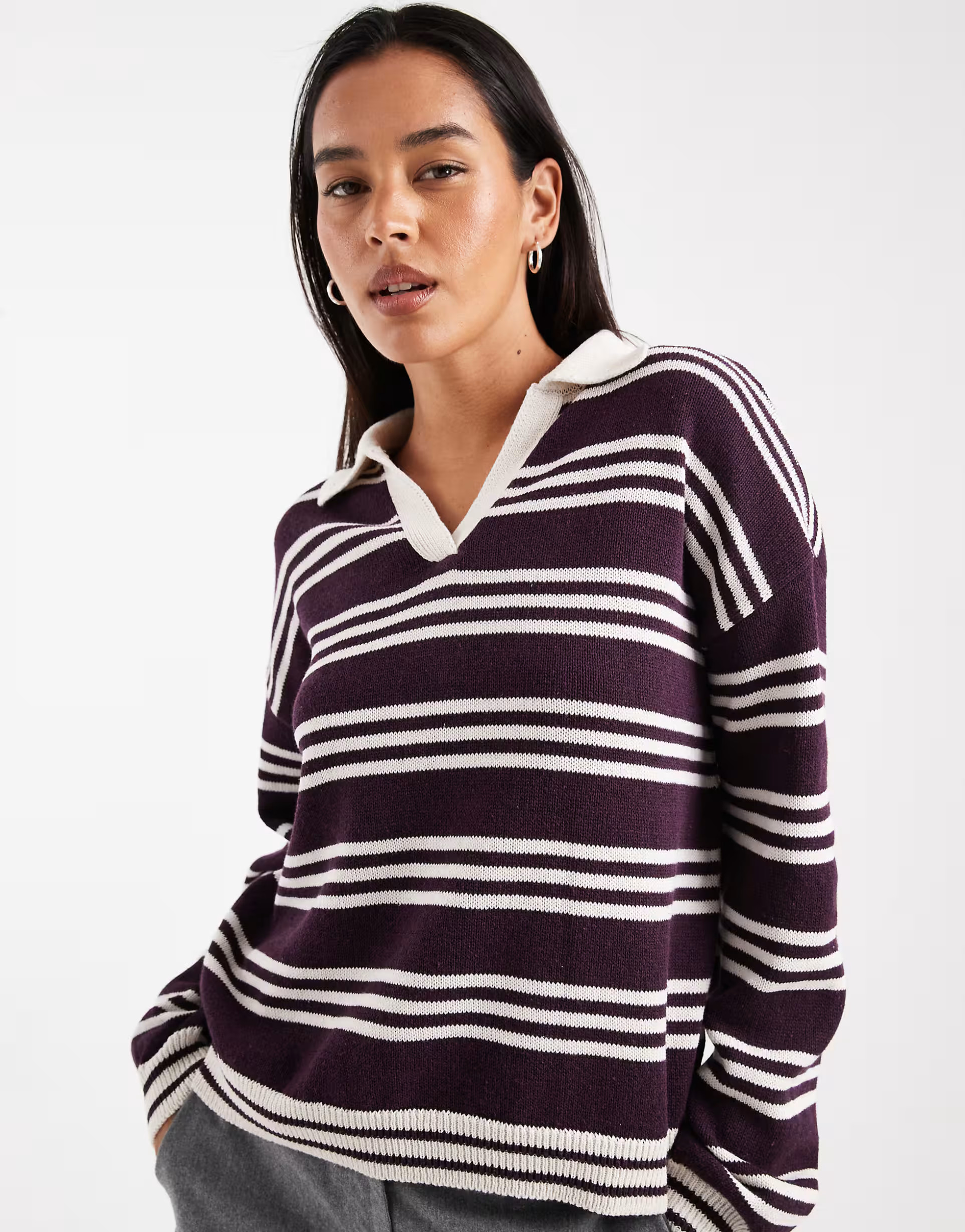 ASOS DESIGN oversized knitted rugby top in plum stripe | ASOS (Global)