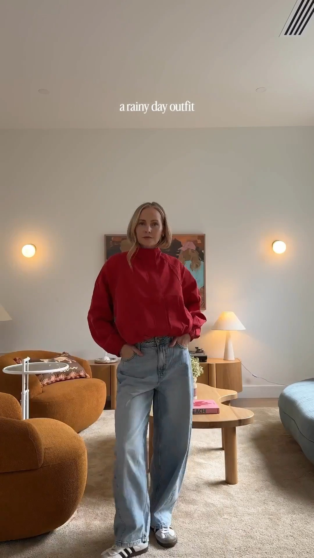 Save this for a rainy day! Wearing a medium in the jacket, a medium in the tee and a size 8 in the jeans (very roomy so size down)