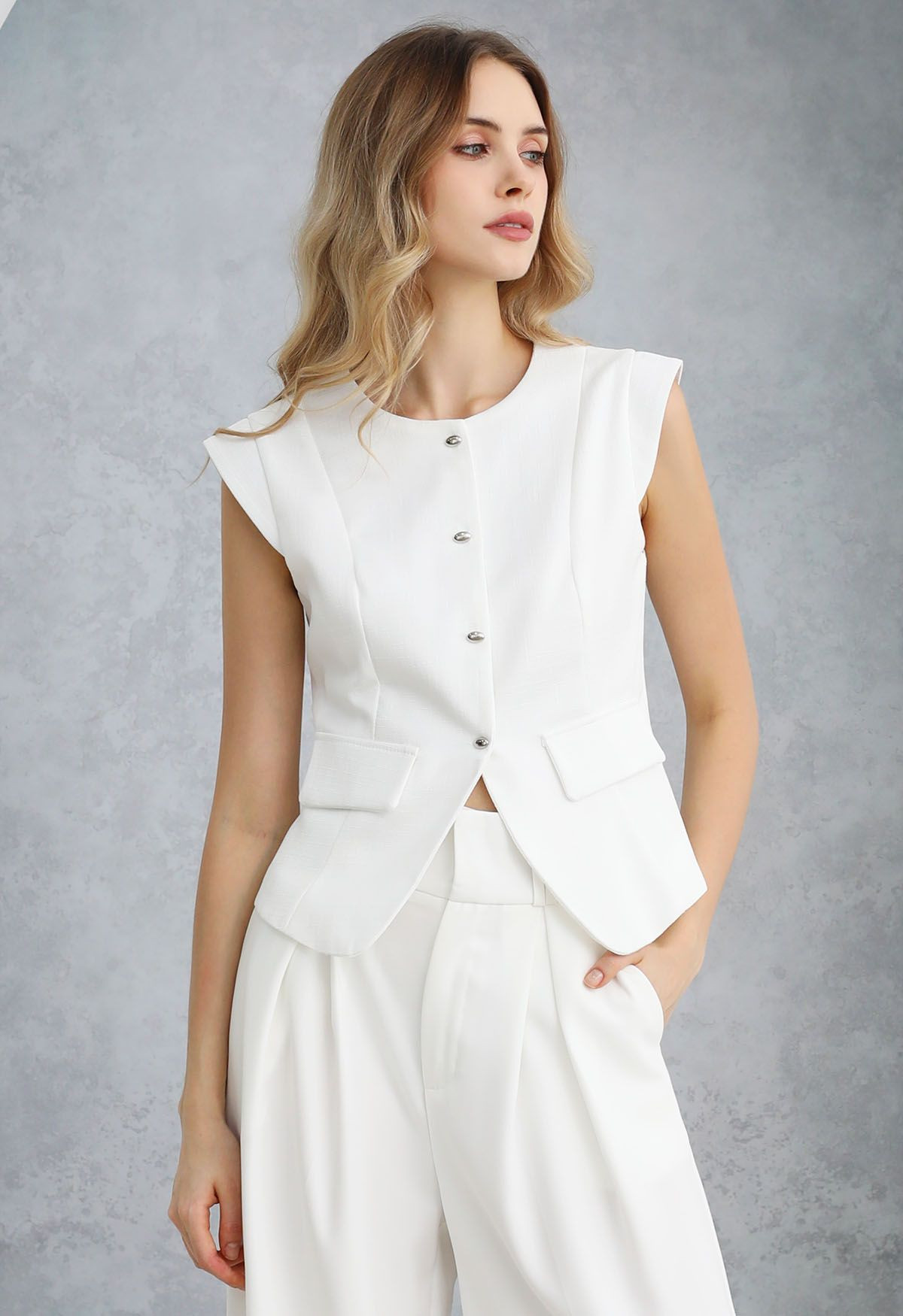 Fake Flap Pocket Button Down Tweed Vest in White | Chicwish