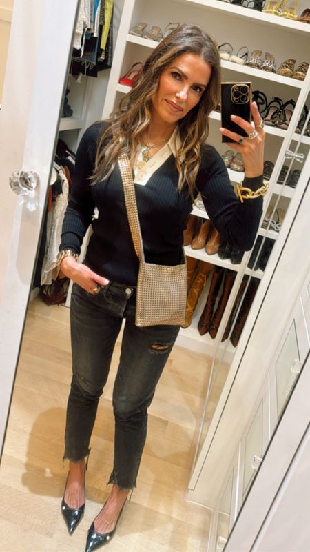 off to a fun gno tonight been loving this stunning two-tone sweater✨✨ 

that’s on sale rn wearing a size 1/small it runs tts

along with my fav slimming vintage denim (typically i size up in this denim) fav kitten heel & uber chic gold bag (that also comes in silver) both are on sale too & you can easily dress it up or down! 

#LTKworkwear #LTKsalealert #LTKitbag