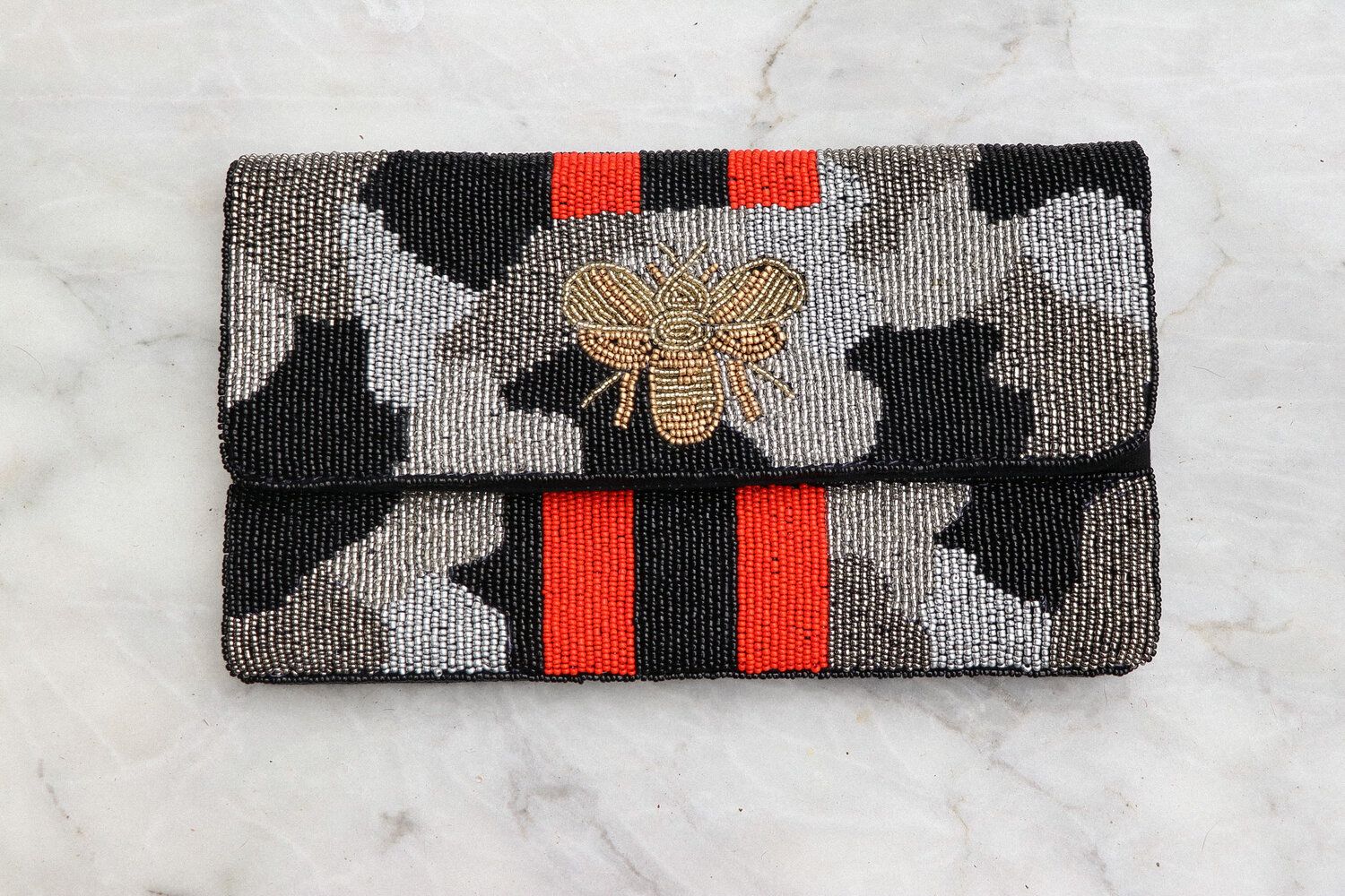 Camo Print Beaded Clutch with Bee | The Gilded Hive