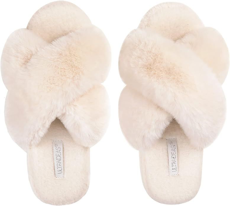 ULTRAIDEAS Women's Fuzzy Fur Slide Slipper with Fluffy Cross Band | Amazon (US)