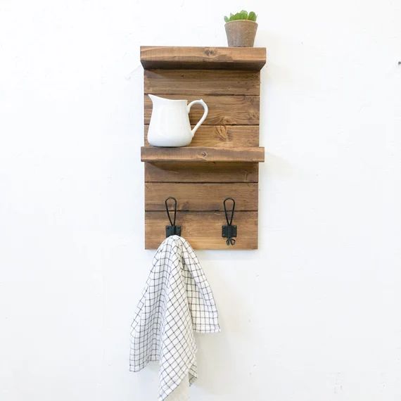 Dark Stain Farmhouse Kitchen Wall Shelf with Hooks/Modern Handmade Wooden Bathroom Storage/Floati... | Etsy (US)