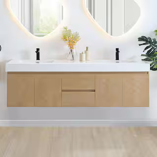 Siena 72 in. W Double Sink Floating Bath Vanity in Light Brown with White Stone Top | The Home Depot