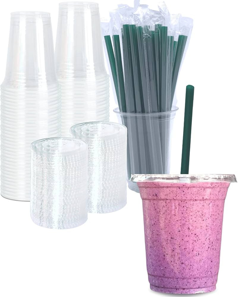[50 SETS] 12 oz Clear Plastic Cups with Lids and STRAWS, Disposable Iced Coffee cups with Lids, C... | Amazon (US)