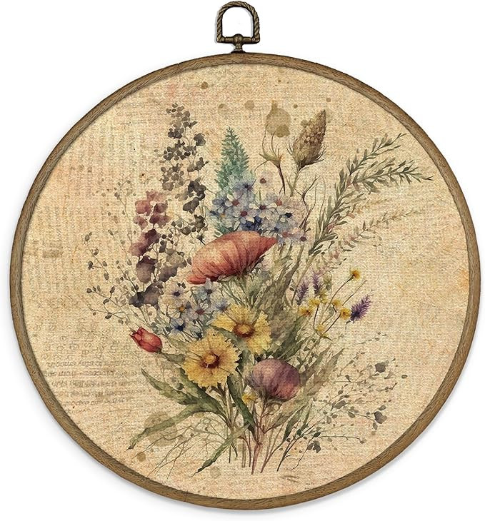 MAQIKA Vintage Floral Framed Wall Art Decor, Botanical Wall Art, Farmhouse Flower Round Wall Hang... | Amazon (US)