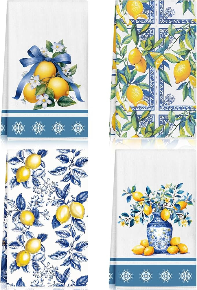 4 Pcs Lemon Kitchen Towels Set Blue White Yellow Summer Lemon Dishcloth 16 x 24 in Bath Washcloth... | Amazon (US)