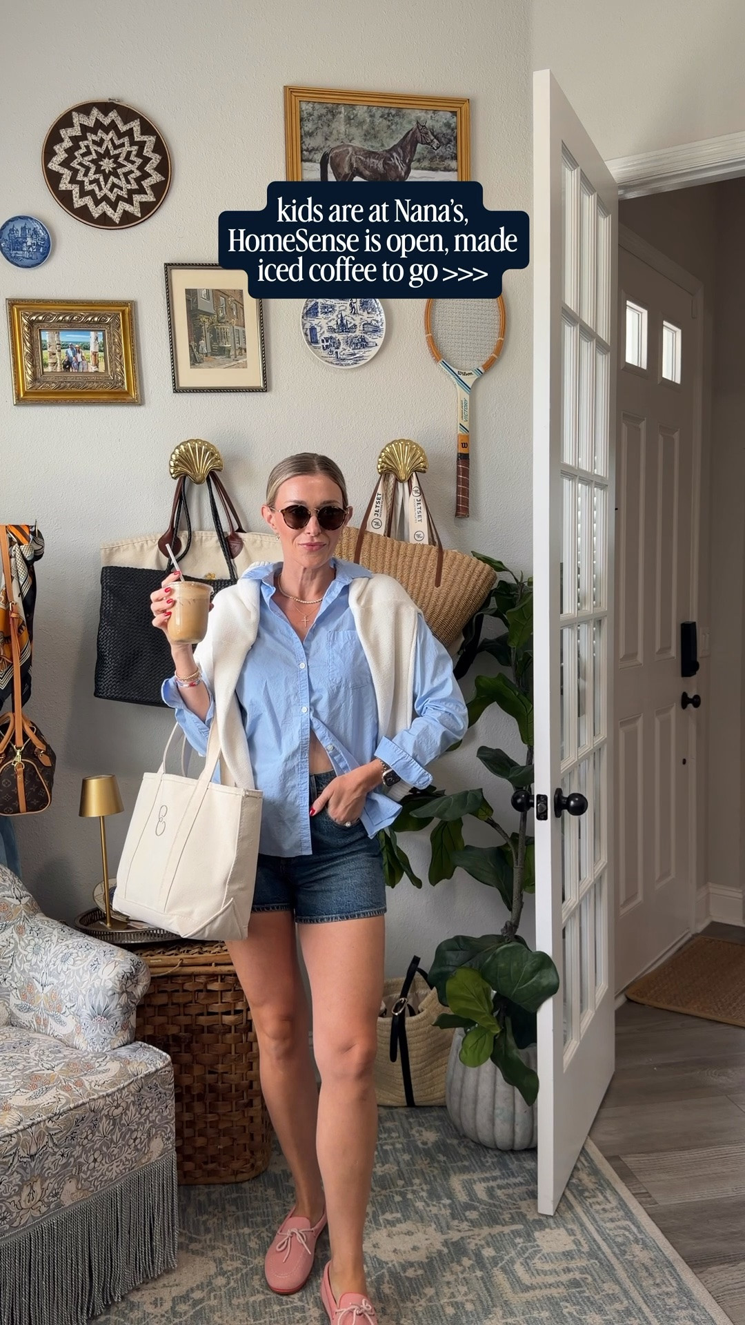 oversized button down, denim shorts, sweater over the shoulders, loafers, tote bag, iced coffee in hand ☕️🤍

classic summer outfit, oversized button down outfit, denim shorts outfit, Rothy’s loafers, tote bag outfit, classic mom style, effortless summer style, coastal casual outfit, elevated basics, everyday outfit ideas, HomeSense outfit, timeless fashion, casual chic style, summer wardrobe staples

#LTKdayinmylife #LTKootd