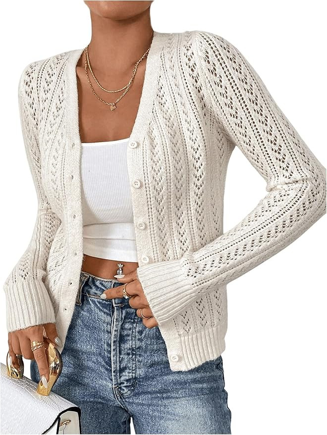 SHENHE Women's Cardigan Sweaters Pointelle Button Up Crochet Cropped Cardigan Trendy Shrugs | Amazon (US)