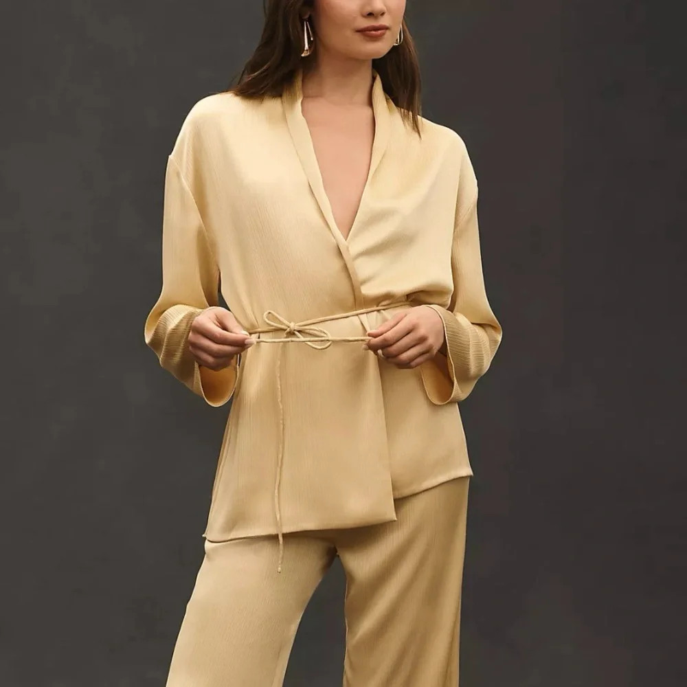 Mare Mare Gold Yellow Tie Plisse Silky Open Wrap Blazer PXXS Petite XXS | Poshmark
