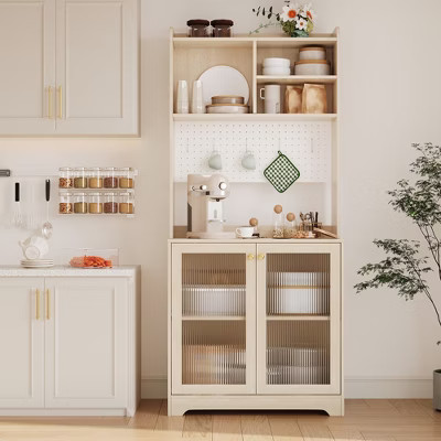 71" Kitchen Pantry Cabinet with Glass Doors, Pegboard & Open Shelves, Wooden Sideboard Buffet Cabinet with Hutch,for Dining Room, Natural | Target