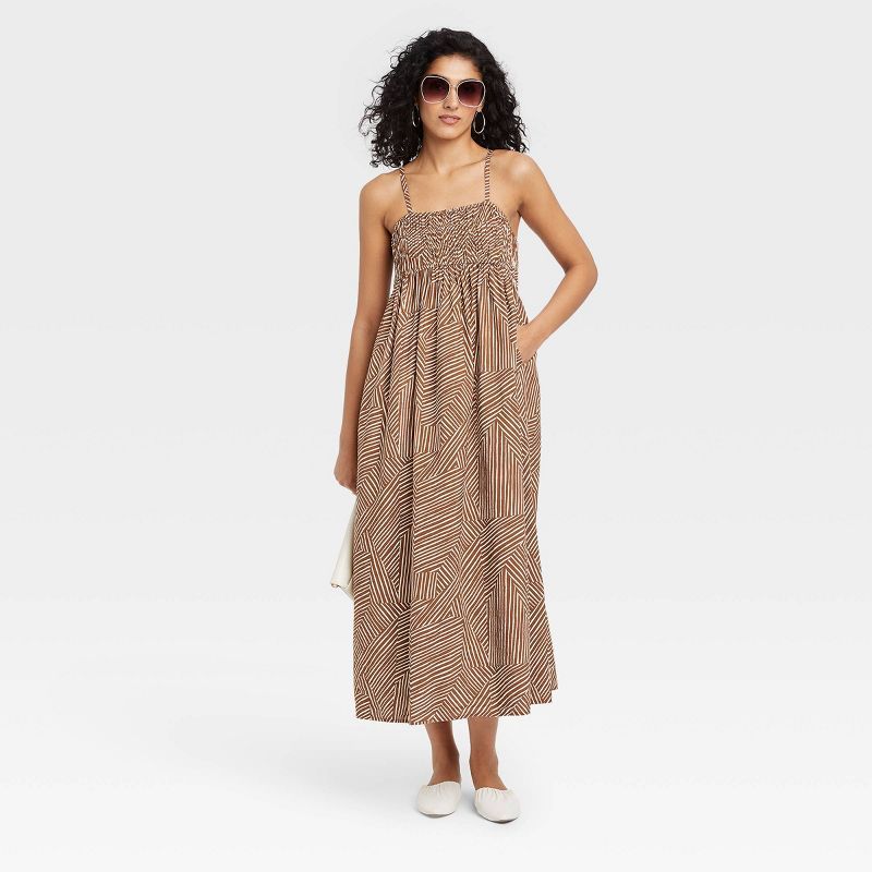 Women&#39;s Spaghetti Strap Smocked Dress - A New Day&#8482; Brown Geometric Print S | Target