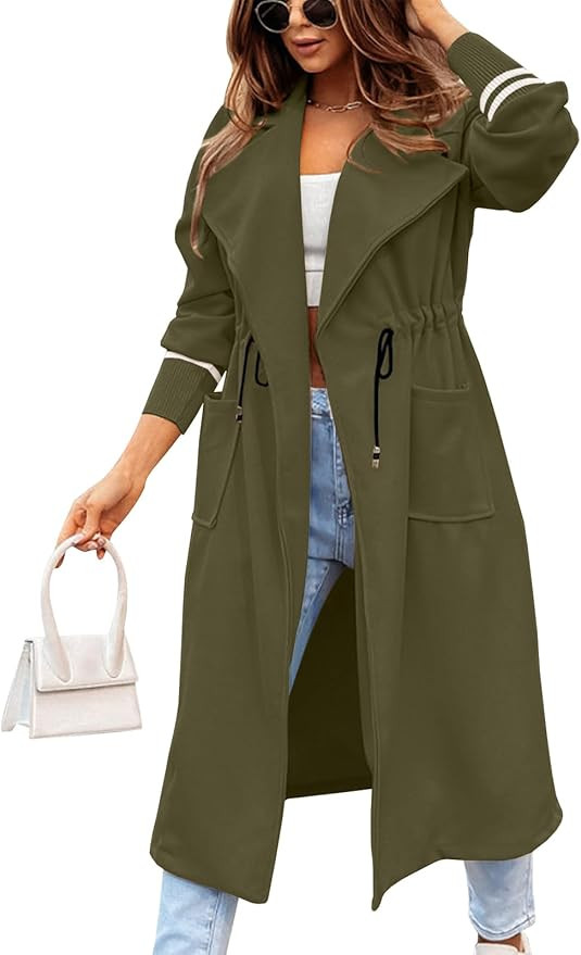 Fazortev Women Coat Pocket Casual Drawstring Waist Open Front Classic Lapel Overcoat | Amazon (US)