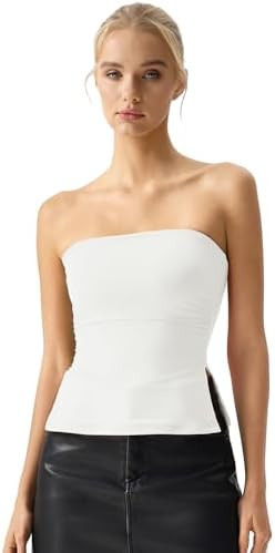 QINSEN Women's Tube Top Double Lined Side Split Strapless Bandeau Top Ruched Summer Going Out Tan... | Amazon (US)