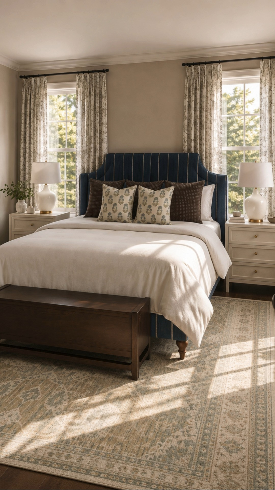 This bedroom feels like the perfect balance of cozy and refined with its soft neutral palette, warm wood tones, tailored bedding, and rich traditional textures. The layered rug, dramatic headboard, and soft sunlight make the entire space feel calm, grounded, and beautifully lived in.

warm cozy bedroom, traditional bedroom decor, navy headboard bedroom, layered neutral interiors, vintage inspired bedroom rug, cozy elegant decor, designer inspired bedroom, warm wood furniture, timeless bedroom style, heritage inspired home, collected bedroom aesthetic, warm ambient lighting, cozy primary bedroom inspiration, layered bedding ideas, traditional modern interiors, calm neutral bedroom, elegant cozy home, soft traditional decor, cozy collected interiors, warm gathered home 

 #LTKHome