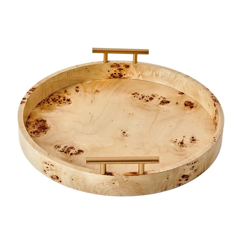 Beautiful Round Burlwood Tabletop Tray with Gold Handles by Drew Barrymore 1.75" X 15.75" - Walma... | Walmart (US)