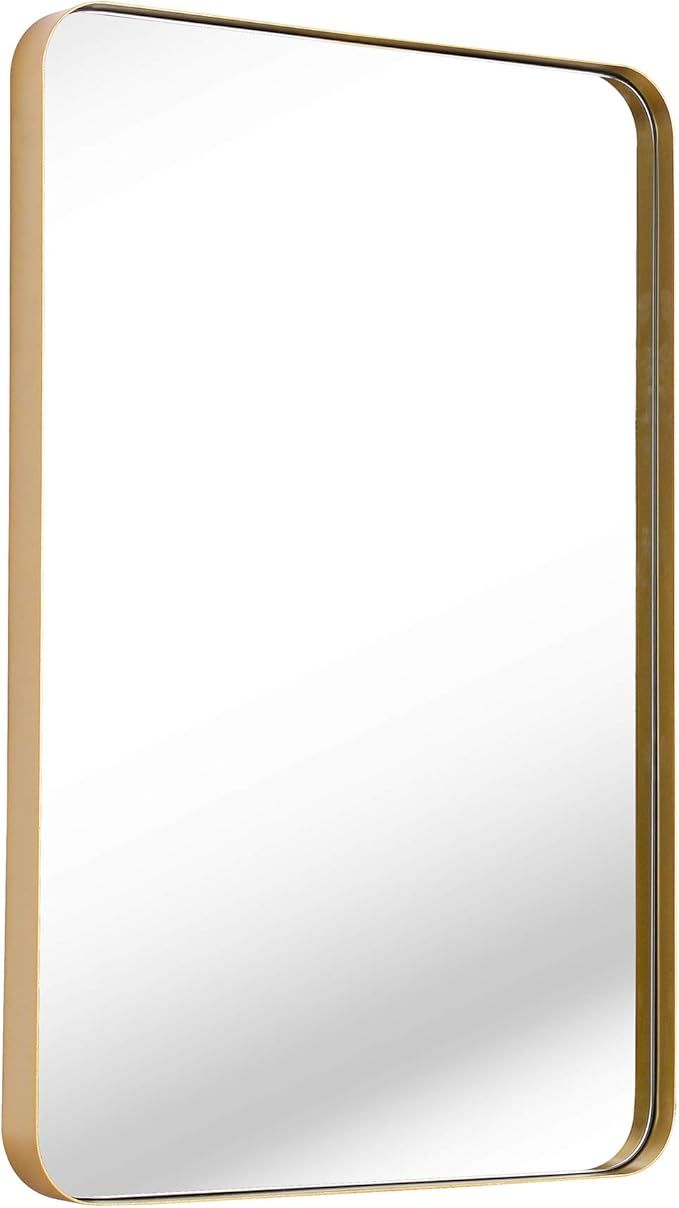 Gold Wall Mirror,Clavie 24x36 Inch Mirror for Bathroom Metal Frame Rounded Corner Rectangle Mirro... | Amazon (US)