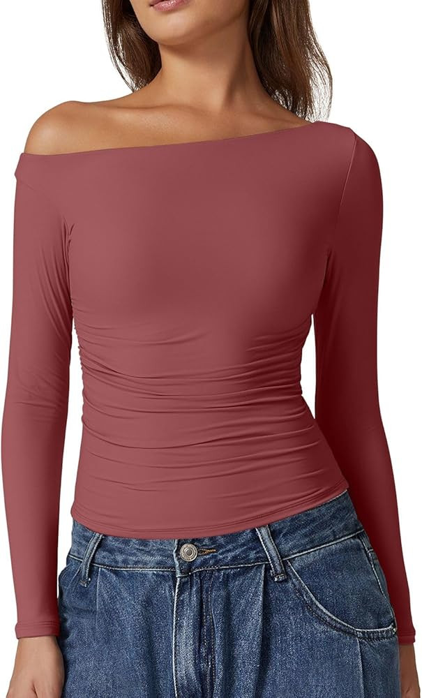 QINSEN Women's Sexy Off Shoulder Shirt Long Sleeve Double Lined Tops Side Ruched Fitted Tees | Amazon (US)