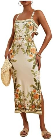Floerns Women's Tropical Bow Tie Back Long Dress Sleeveless Split Vacation Maxi Dress | Amazon (US)