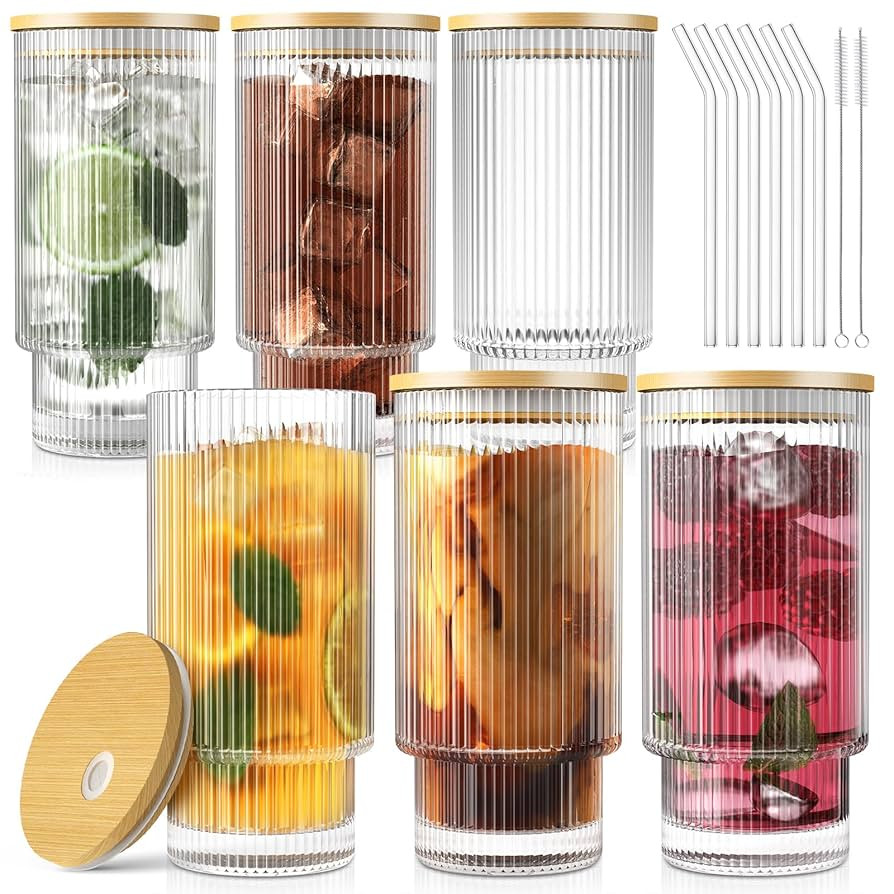 16Oz Glass Cups, 6Set Glass Tumbler with Straw and Lid, Vintage Glassware for Whiskey Cocktail Be... | Amazon (US)