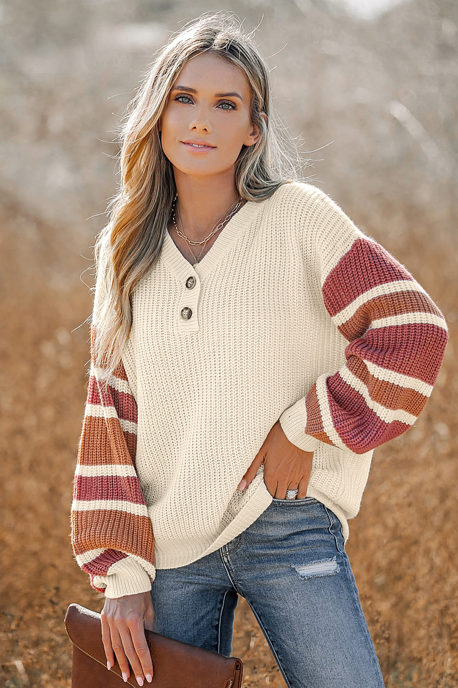 V-Neck Buttoned Striped Sweater - S | Cupshe US
