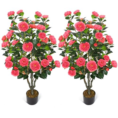 2 Pack 42" Fake Tree Rose Pink Artificial Camellia Tree with 36 Blooming Flowers Faux Floral Plant Tall Plastic Potted for Indoor Outdoor Office Shop Home Room Porch Front Door | Amazon (US)