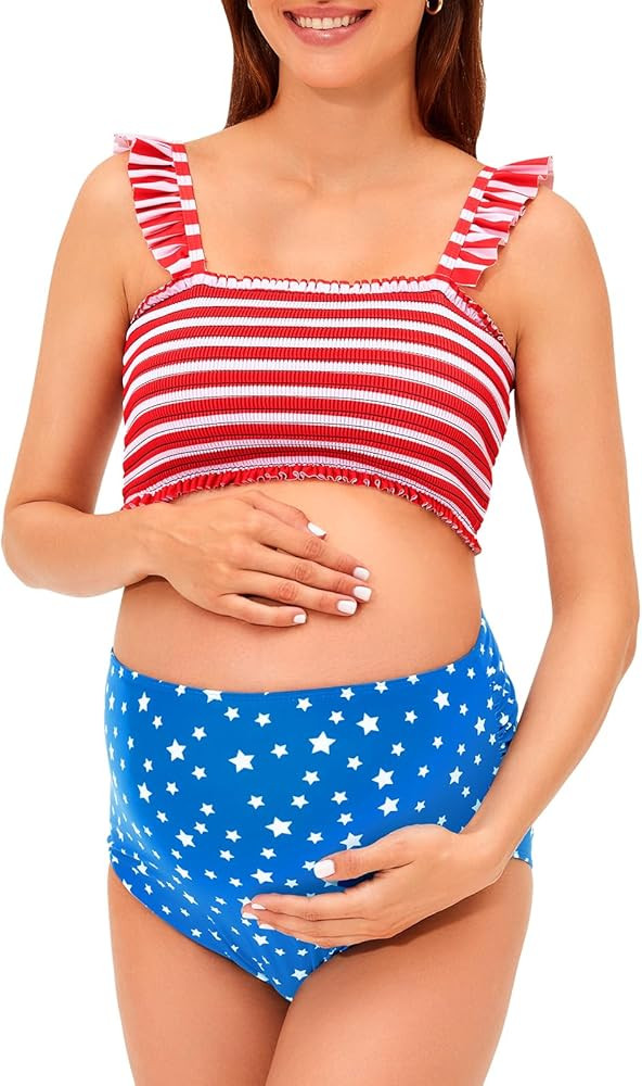 Summer Mae Maternity High Waist Bikini Swimsuit Two Piece Ruffled Hem Cute Bathing Suit Floral Pr... | Amazon (US)