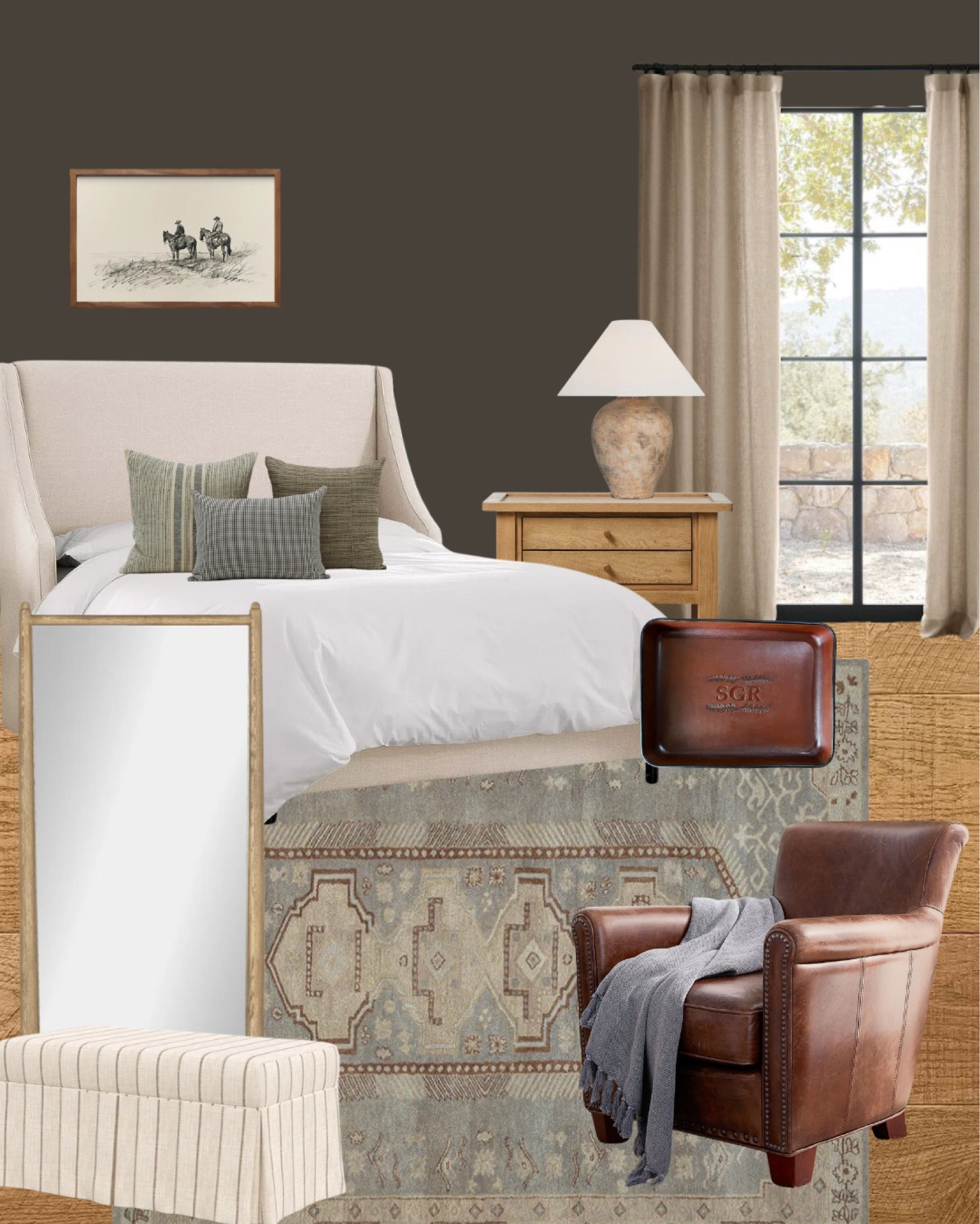 Mood Board Monday: Modern Traditional Western Vibes

I had so much fun curating this room! I wanted to create a modern traditional western look—think earthy tones, rich textures, and subtle nods to timeless ranch style. I like to imagine Beth Dutton would settle in here, boots kicked off, glass of whiskey on the nightstand.

From the leather chair to the warm wood tones and that soft, vintage-inspired rug, every piece feels intentional and cozy. 

#LTKTravel #LTKFamily #LTKHome