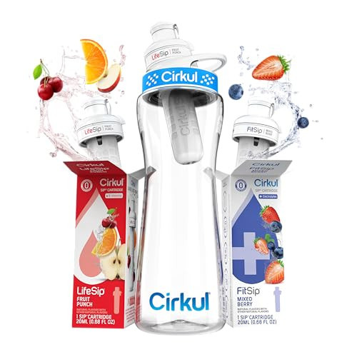 Cirkul 22oz. BPA-Free Plastic Water Bottle Starter Kit with Blue Lid, 2 Flavor Cartridges (1 LifeSip Fruit Punch, 1 FitSip Mixed Berry) No Sugar, Zero Calorie Drink Mix | Amazon (US)