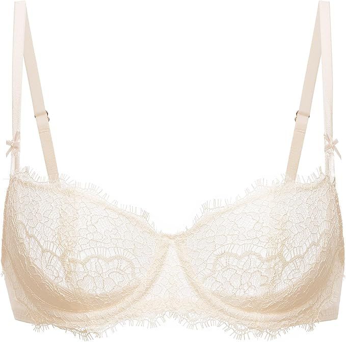 DOBREVA Women's Balconette Sexy Unlined Bra Lace Push Up Plus Size Bras See Through Underwire | Amazon (US)