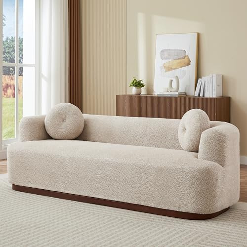 Merax 3 Seater Upholstered Sofa, Deep Seat Fabric Couch with Solid Rubber Wood Base, Compression Sofa with Accent Pillows, Modern Sofa for Living Room or Apartment, Almond | Amazon (US)
