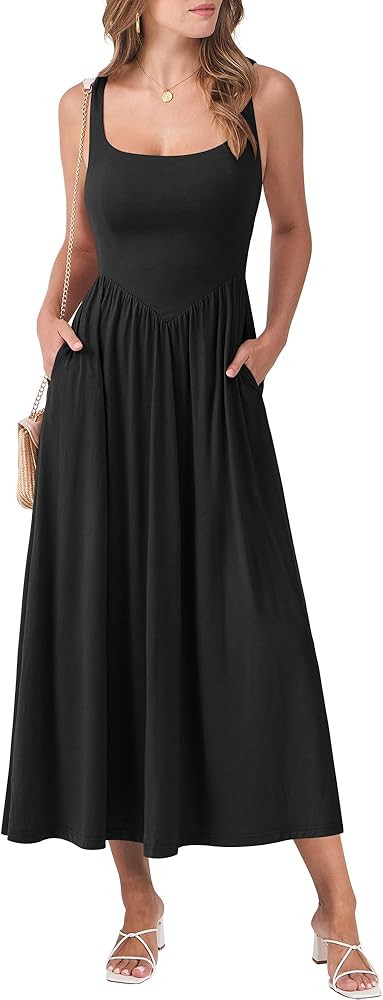 ANRABESS Sundresses for Women 2025 Summer Casual Sleeveless Square Neck Smocked Flowy Beach Vacat... | Amazon (US)