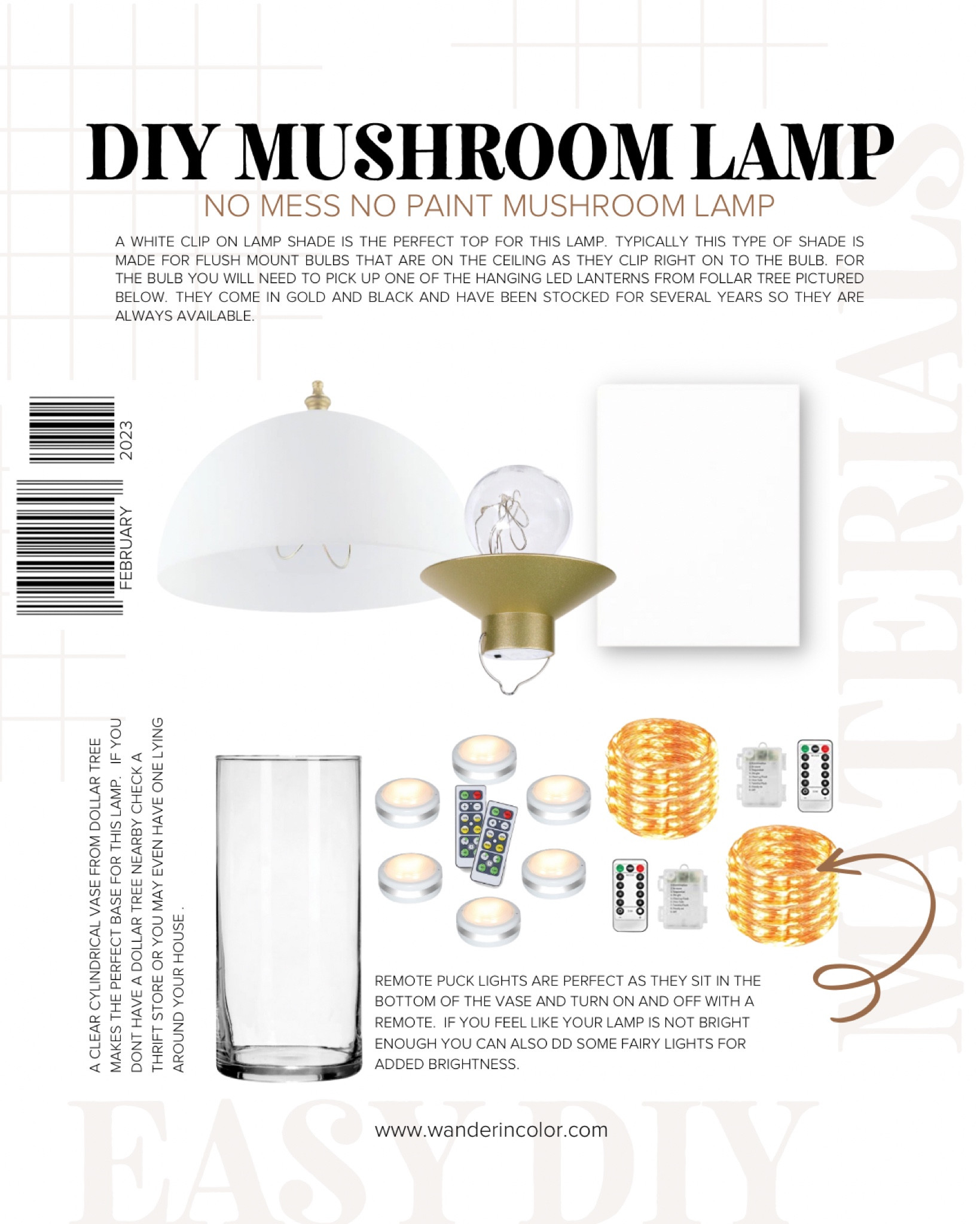 DIY this modern vintage mushroom lamp with no paint and no mess.  

1. Clip-on lamp shade attached to an LED lantern
2. Place a puck light in the bottom of a clear vase.
3.  Line the vase with a white sheet of paper by rolling it into a cylinder and trimming off the excess paper.
4.  Place the shade on to of the vase and voila!
5.  Add optional fairy lights for a brighter lamp!

#diyhomedecor #homedecor #diyprojects


#LTKhome #LTKunder100 #LTKunder50