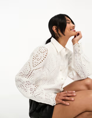 YAS eyelet shirt with scalloped cuffs in white | ASOS (Global)