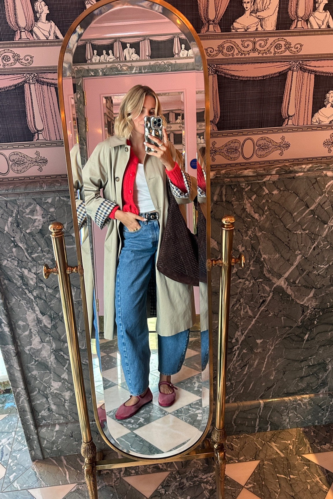 Barrel jeans 
Trench coat
Red cardigan 
Suede bag 
Chocolate brown bag 

#LTKuk #LTKeurope #FashionMonth
