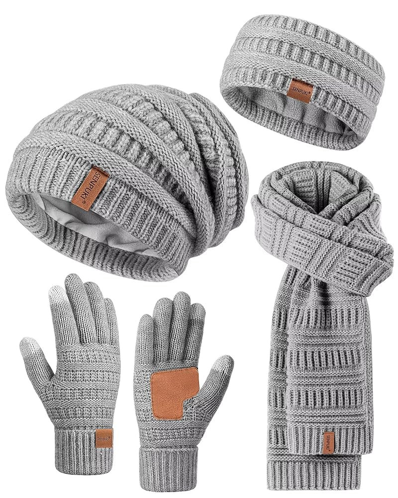 Womens Winter Beanie Hat Scarf Gloves Headband Set, Slouchy Beanie Ear Warmer Knit Scarf Touchscr... | Amazon (US)