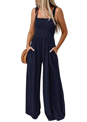 KIRUNDO Womens Jumpsuit 2026 Summer Casual Loose One Piece Overalls Smocked Sleeveless Wide Leg R... | Amazon (US)