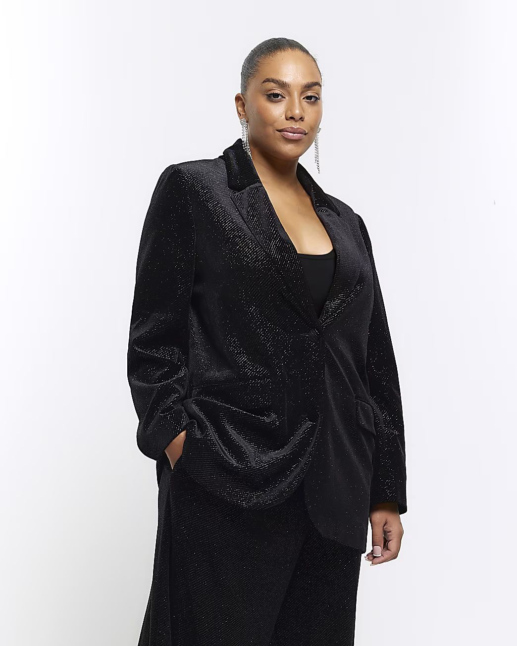 Plus black velvet sparkle tux blazer | River Island (UK & IE)