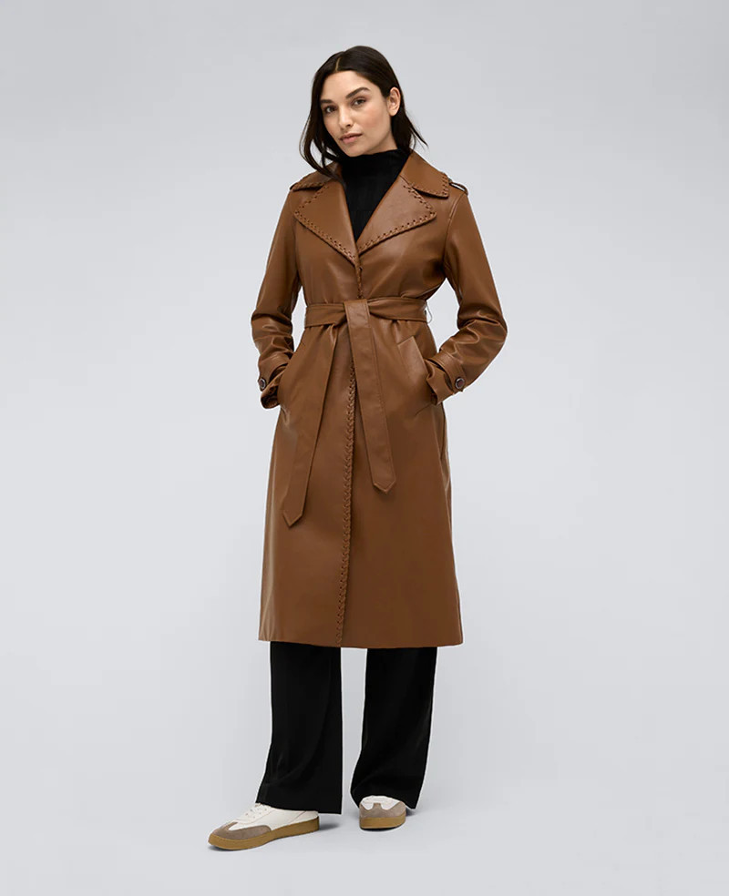 Kenneth Cole | Faux Leather Belted Trench in COGNAC, Size: S | Kenneth Cole