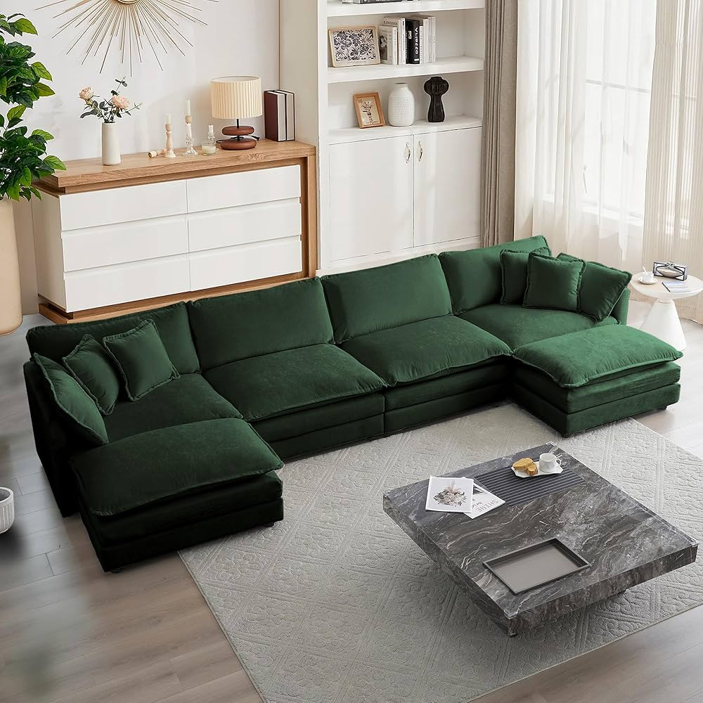 mikibama Modular Sectional Sofa, 146.5 Inch U Shaped Couch Set for Living Room, 4-Seater Comfy Cloud Couches with Two Movable Ottoman, DIY Combination, Chenille, Evergreen | Amazon (US)