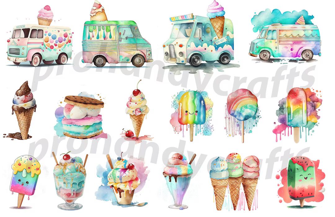 Watercolor Ice Cream Clipart Cones and Sundaes Ice Cream - Etsy | Etsy (US)