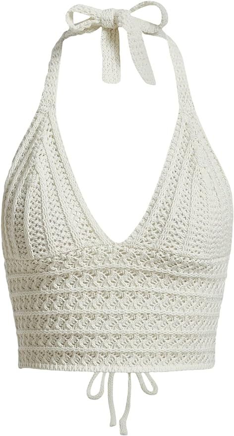 SOLY HUX Womens Crochet Halter Crop Tops Summer Sexy Knitted V Neck Sleeveless Camisole Y2K Top | Amazon (US)