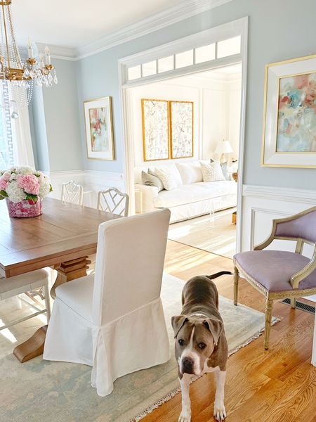Dining room, pastel home decor, traditional, glam, grand millennial, abstract wall art, Bellacor, Ballard, parsons chair, designer, chippendale chair, chinoiserie, coastal, chandelier, lighting, Etsy, oushak, Turkish rug, hand knotted, farmhouse table, throw pillows, sisal area rug, custom curtains 

#LTKFind #LTKhome