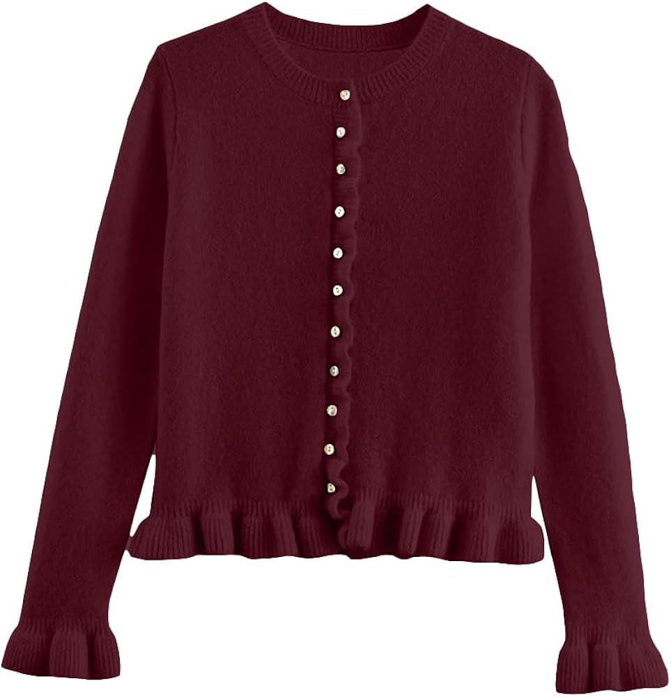 Cárdigan corto con cuello redondo y botones para mujer, estilo Y2K, con volantes, de punto, con ... | Amazon (US)
